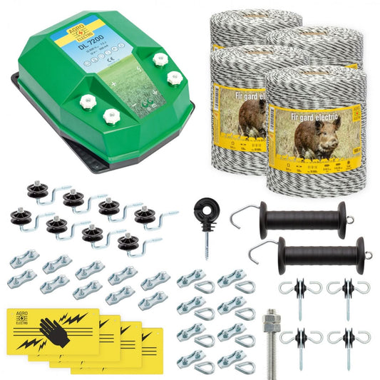 Pachet gard electric complet 4000m 7.2 Joule pentru animale salbatice fir izolatori maner poarta conectori
