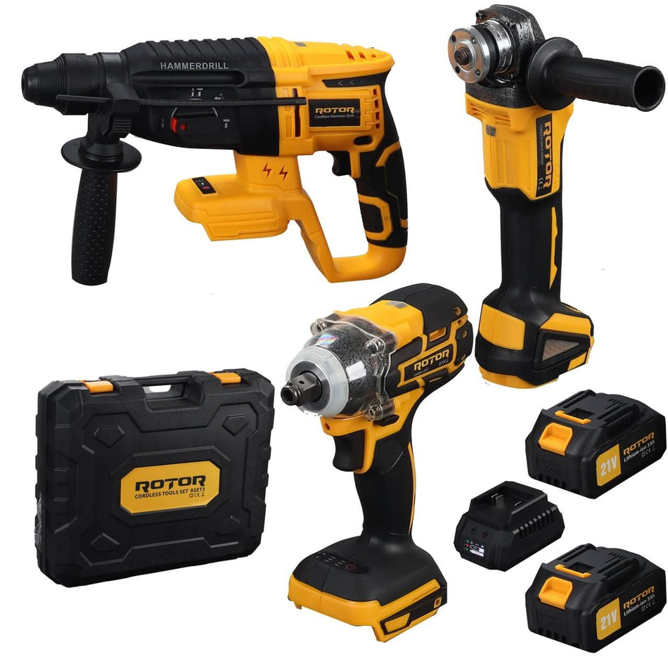 Trusa scule 3 in 1 ROTOR RSET3 – Rotopercutor, Polizor unghiular, Autofiletanta, 21V/3Ah, 2 acumulatori