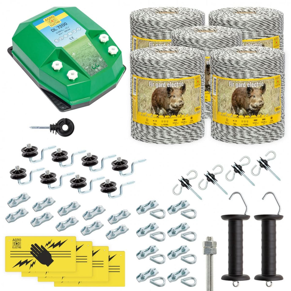 Pachet gard electric complet 5000m 7.2 Joule pentru animale salbatice fir izolatori maner poarta conectori
