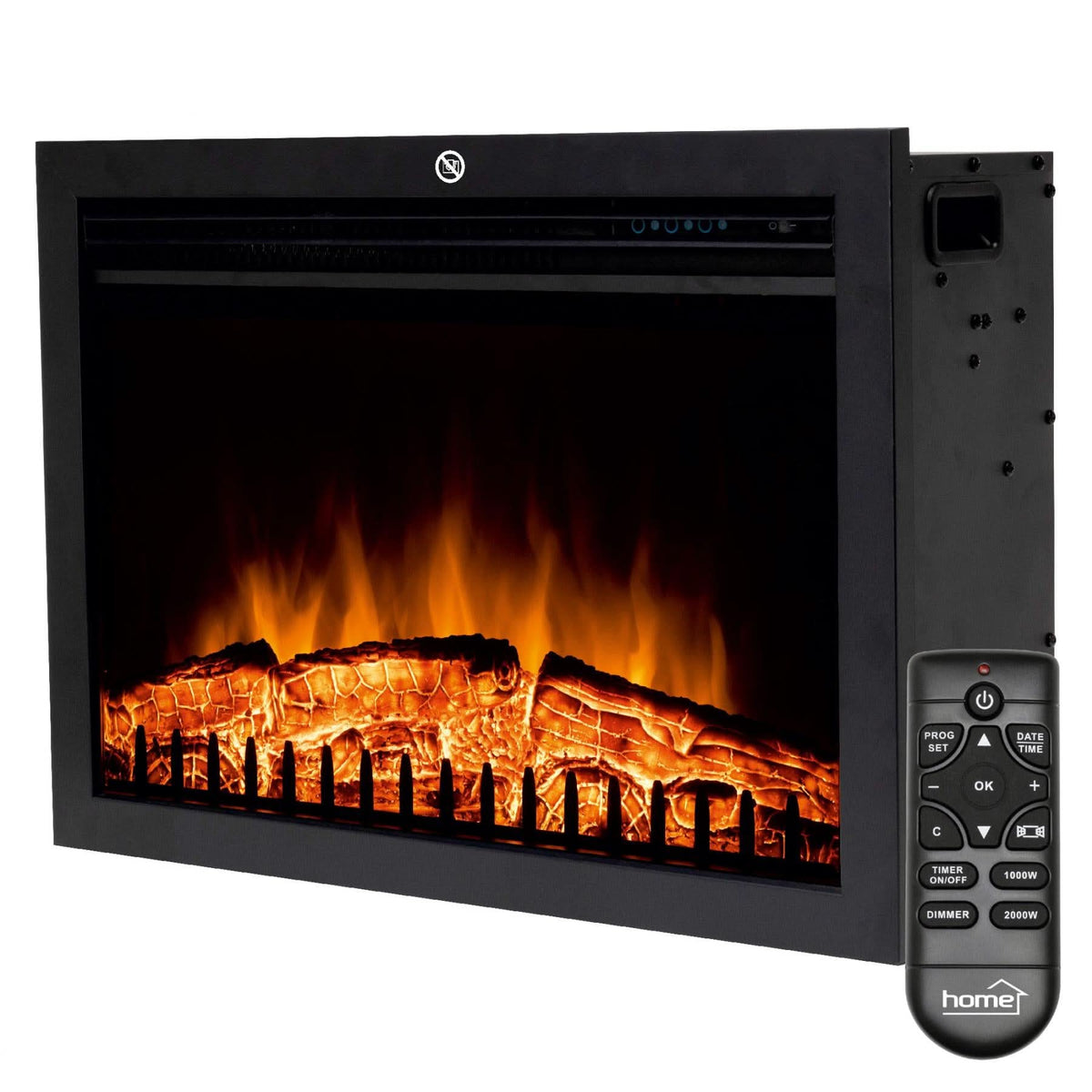 Semineu electric incorporabil FKKI 03, 2000W, efect flacara reala, termostat electronic, program saptamanal, telecomanda, protectie supraincalzire, negru