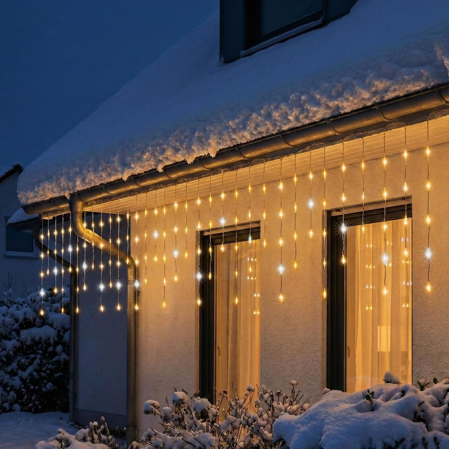 Perdea luminoasa LED tip sloi de gheata, 600 DOT LED alb cald cu alb rece intermitent, exterior/interior, cablu transparent, adaptor IP44