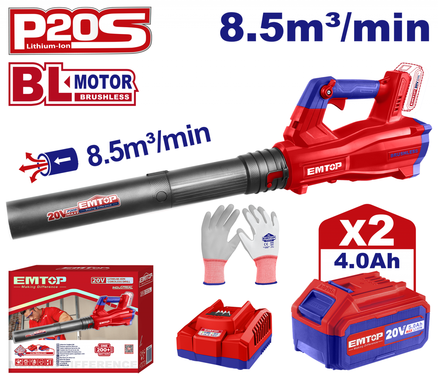 Suflantă cu Acumulatori EMTOP, 20V, Motor Fără Perii, 8.5 m³/min – ELAB204282