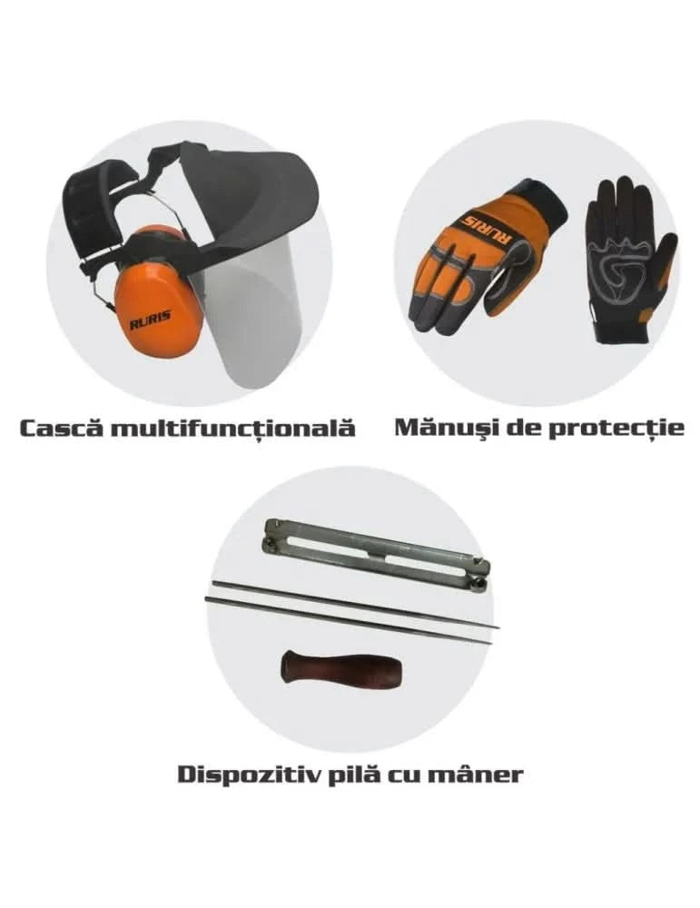 Kit Protectie si Intretinere pentru Motoferastrau – Casca, Manusi, Dispozitiv Intindere, Pila cu Maner