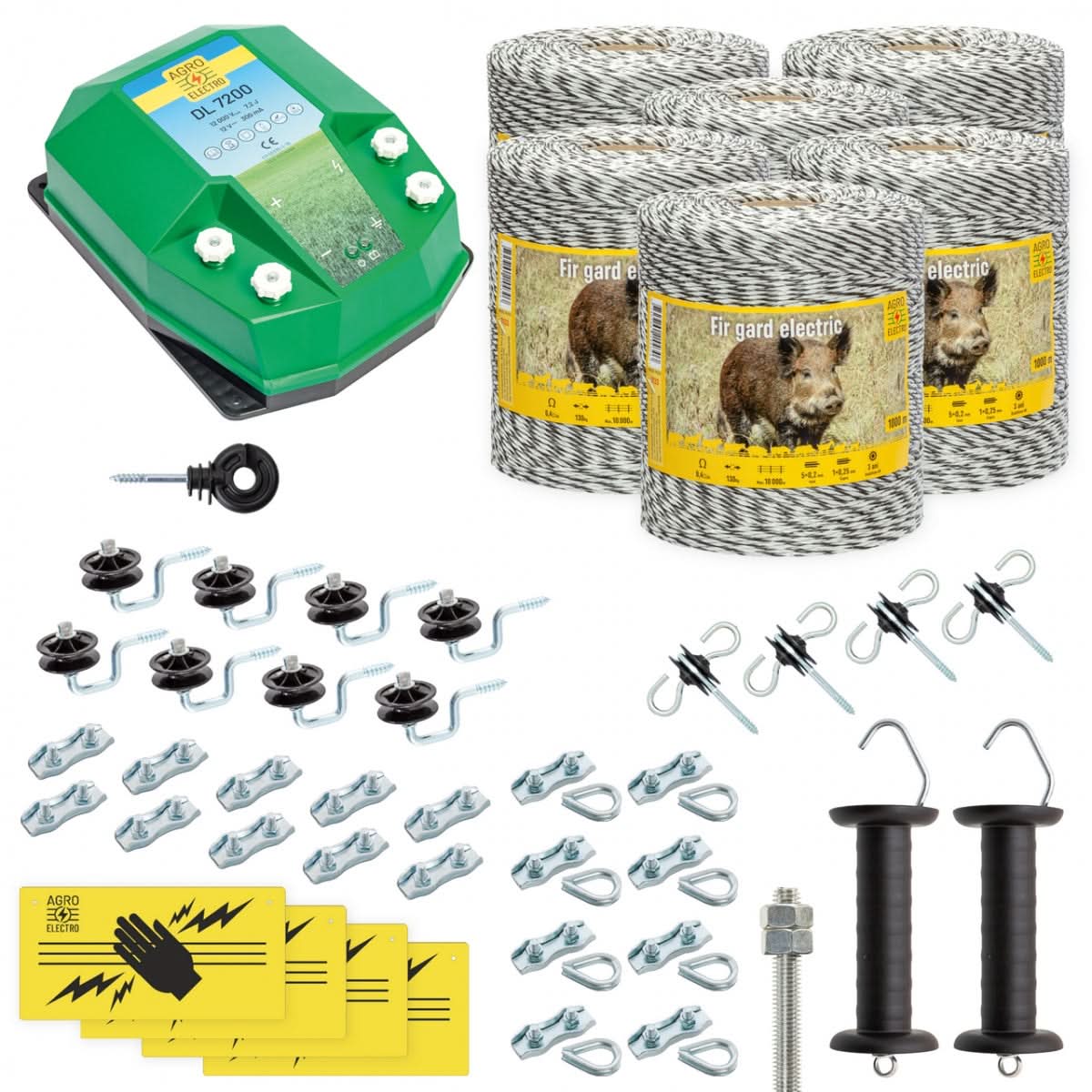 Pachet gard electric complet 6000m 7.2 Joule pentru animale salbatice fir izolatori maner poarta conectori