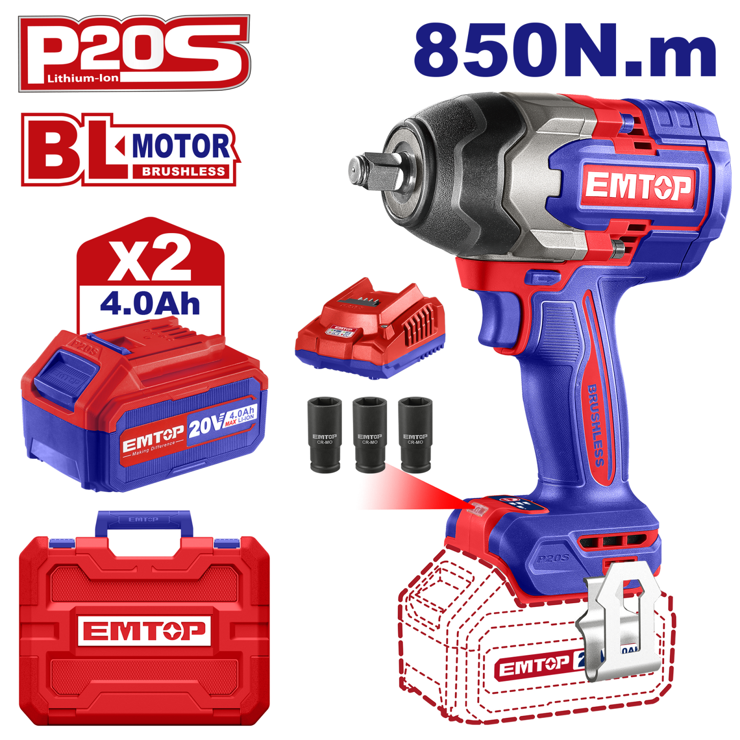 Bormasina de impact si insurubat cu 2 acumulatori 4.0AH, motor fara perii (brushless), 850Nm, cutie de transport - ECiWL2085, EMTOP