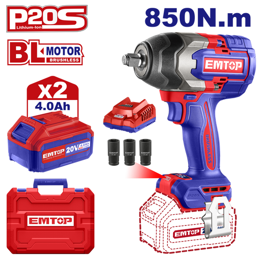 Bormasina de impact si insurubat cu 2 acumulatori 4.0AH, motor fara perii (brushless), 850Nm, cutie de transport - ECiWL2085, EMTOP