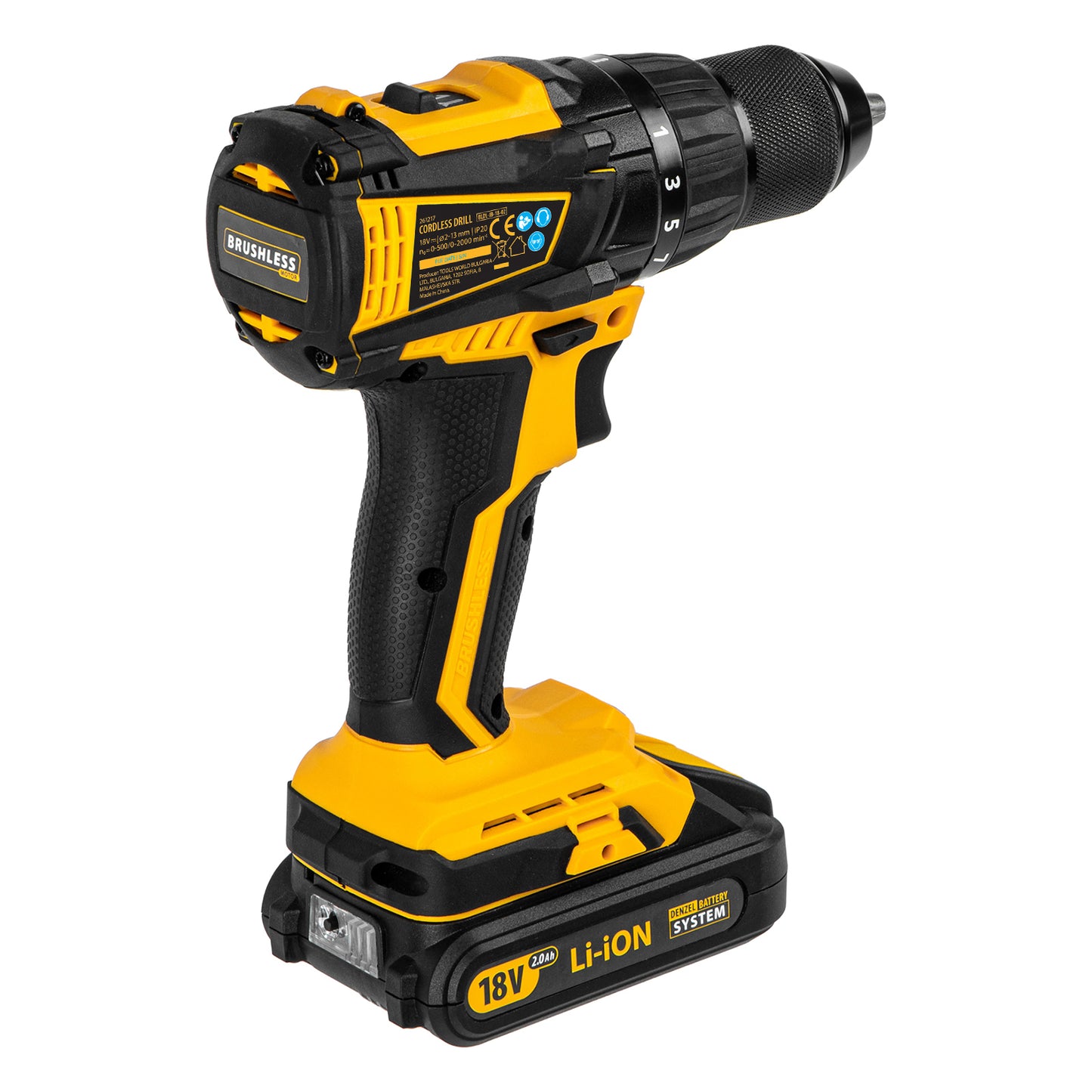 Masina de gaurit cu acumulator fara perie BLDL-IB-18-02, Li-Ion 18 V, 1,5 Ah, 2 viteze, Denzel