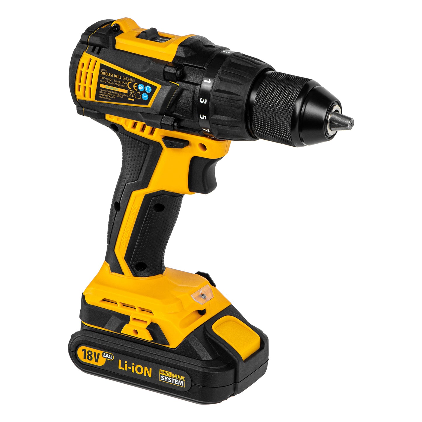 Masina de gaurit cu acumulator fara perie BLDL-IB-18-02, Li-Ion 18 V, 1,5 Ah, 2 viteze, Denzel