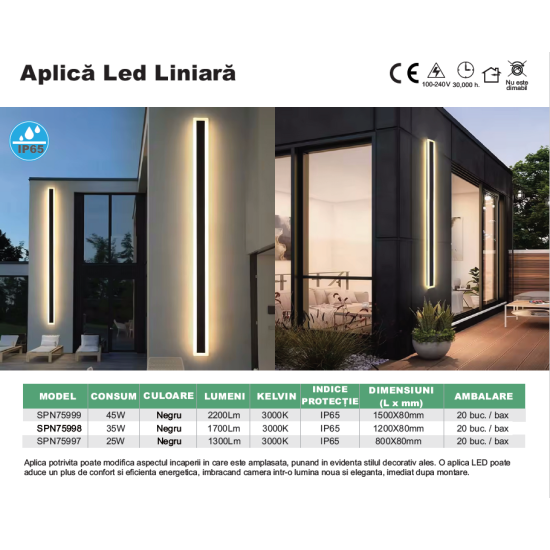Aplica LED liniara perete neagra 25W, 1300 lm, 800x80 mm, 3000K