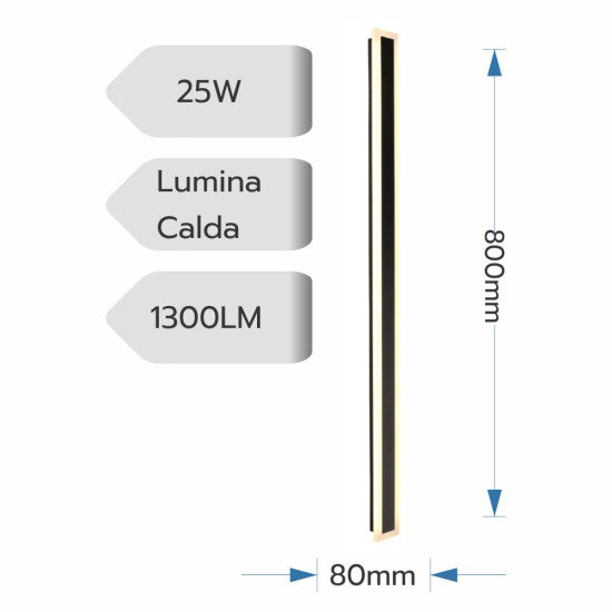 Aplica LED liniara perete neagra 25W, 1300 lm, 800x80 mm, 3000K
