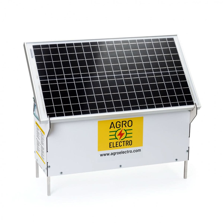 Sistem aparat gard electric (generator de impulsuri) DL 3200, cu panou solar 30 W, regulator de incarcare PWM 10 A, asamblat intr-o cutie dibond