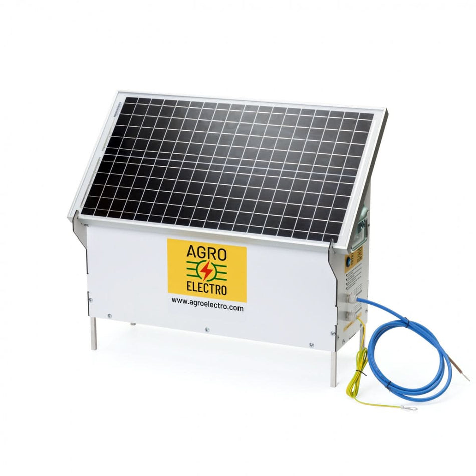 Sistem aparat gard electric (generator de impulsuri) DL 4500, cu panou solar 30 W, regulator de incarcare PWM 10 A, asamblat intr-o cutie dibond