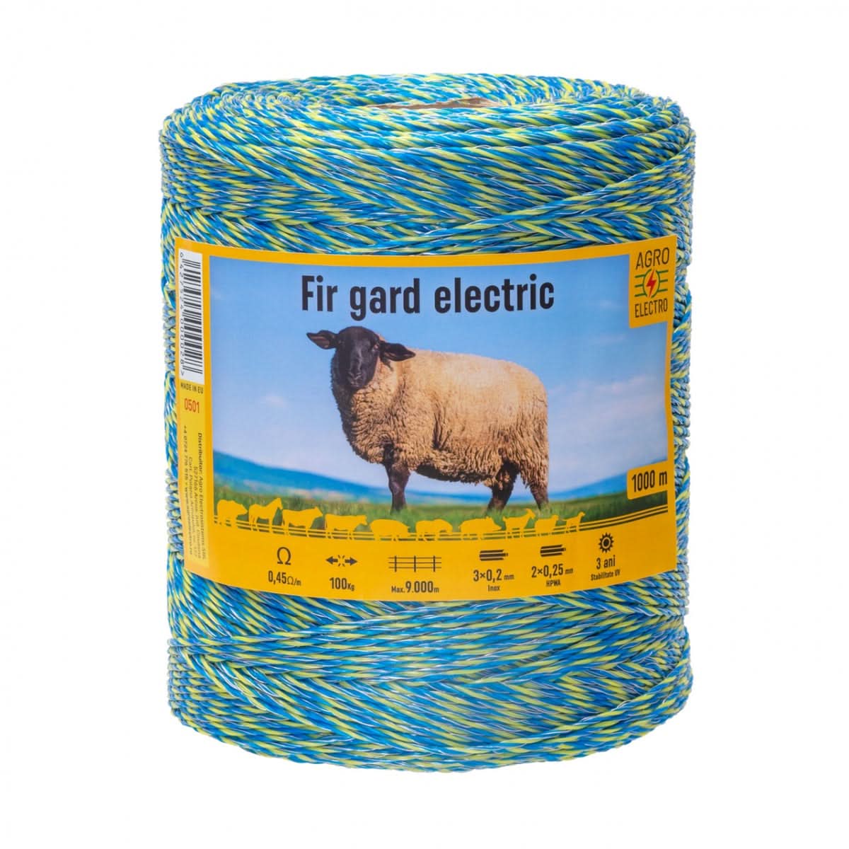 Fir gard electric 1000m, 3mm, 100kg rezistenta, 0.45 Ω/m, insertii inox