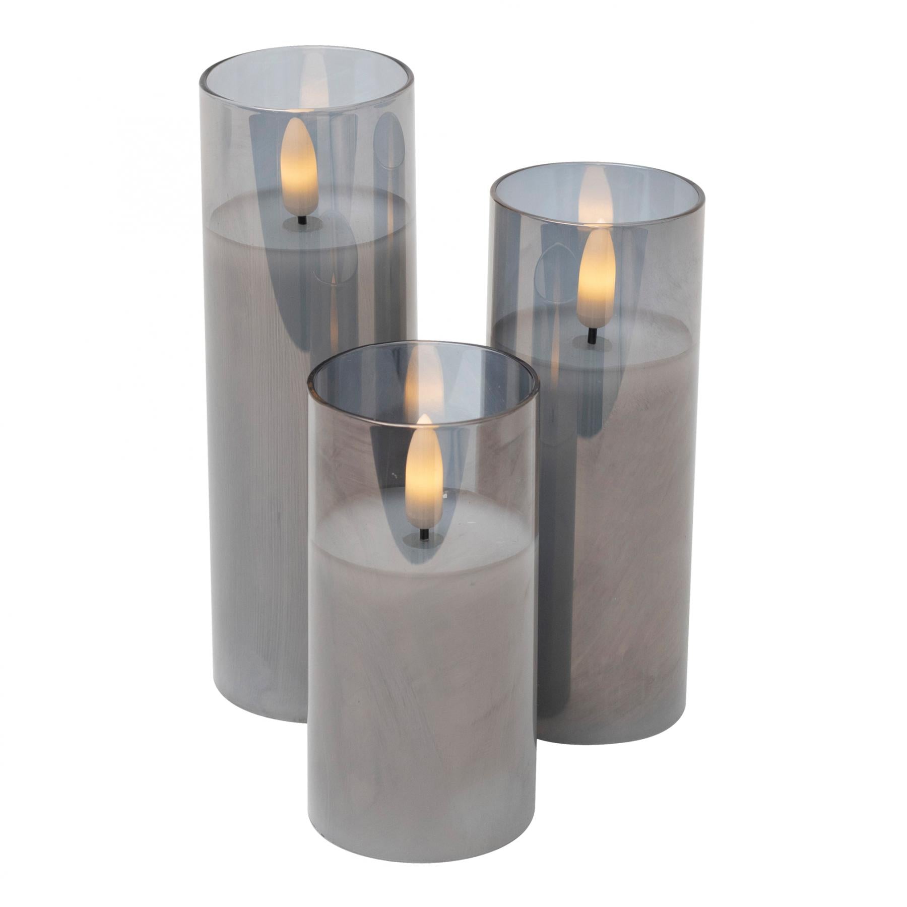 Set 3 Lumanari LED in Sticla, Alb Cald, Flacara Intermitenta, Ø5 x 10/12.5/15 cm, Alimentare CR2032 Inclusa – CDS 3