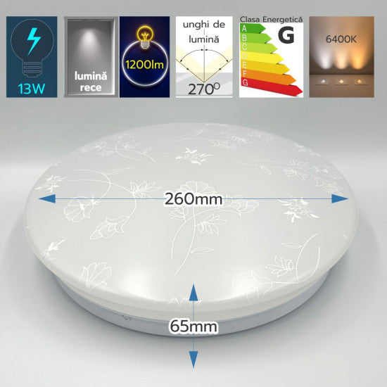 Plafoniera LED Flower, 13W, Ø260x65mm, 6500K, lumina rece