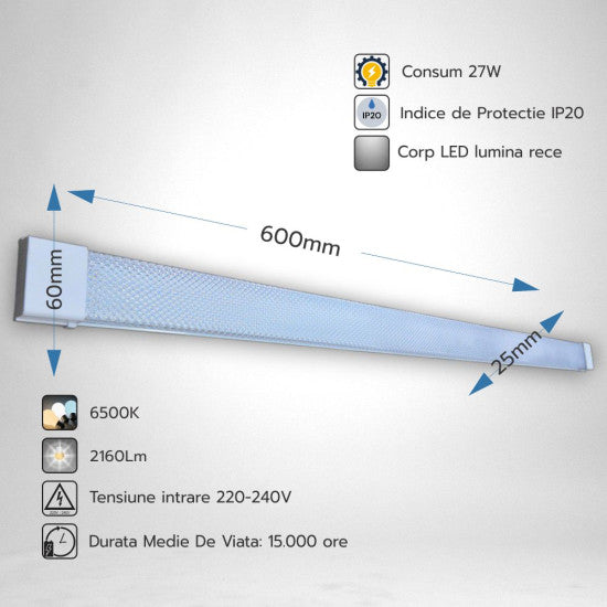 Corp LED liniar prismatic, 27W, 6500K, 600 mm