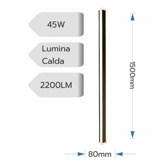 Aplica LED liniara perete neagra 45W, 2200 lm, 1500x80 mm, 3000K