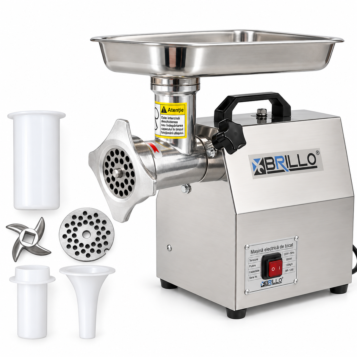Masina Electrica de Tocat Carne Brillo MK12, 3000W, 160 kg/h, 2 Site, Accesoriu Carnati