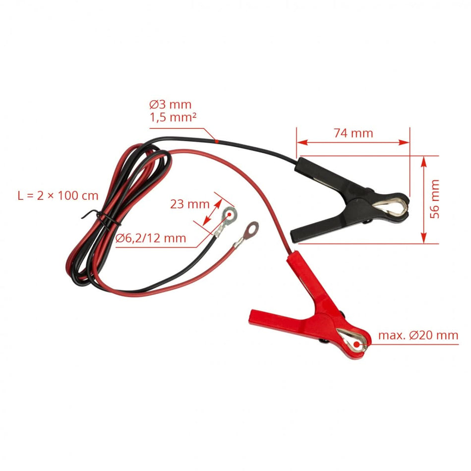Cablu conexiune acumulator gard electric 1m, cu conectori crocodil și papuc inelar Ø6