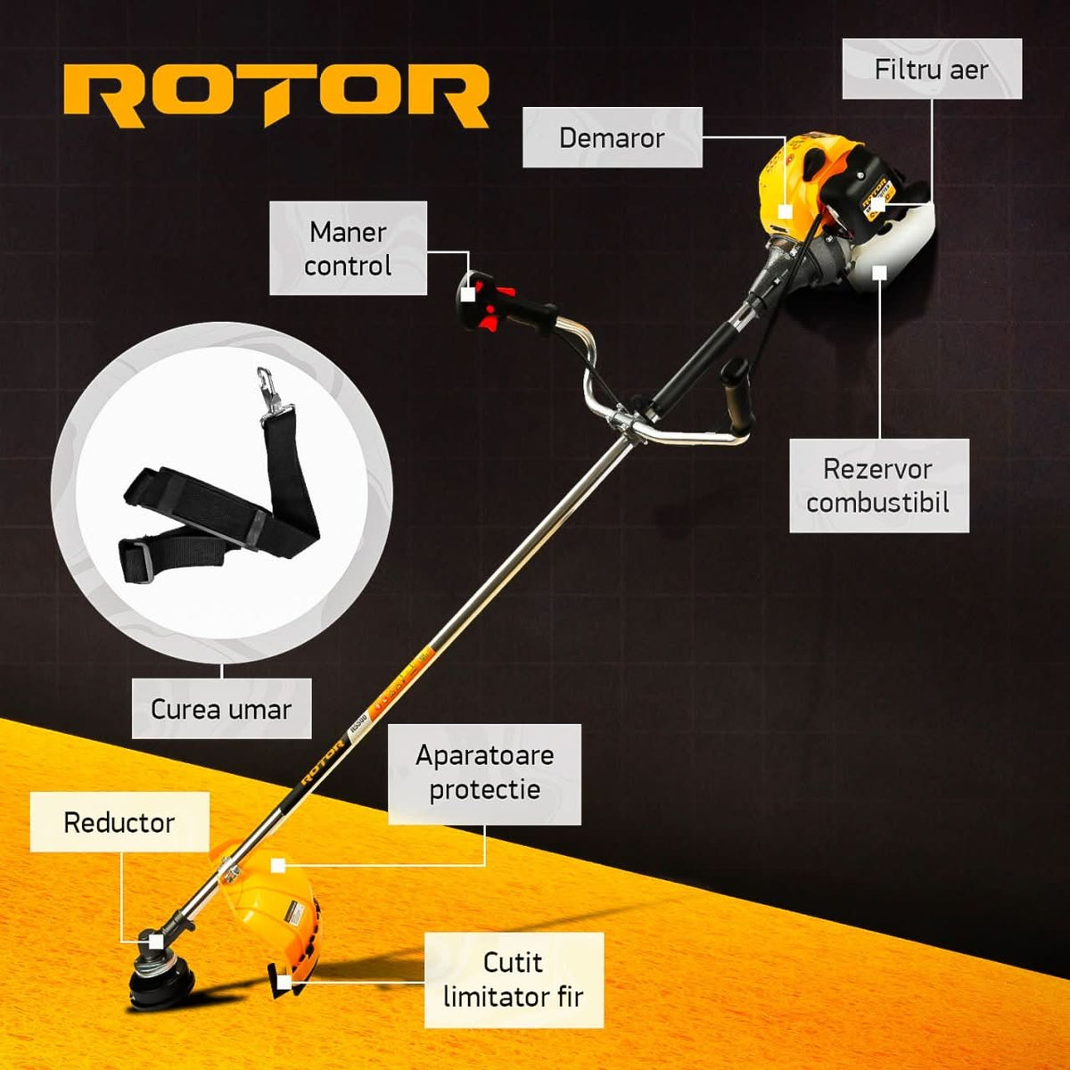 Motocoasa Benzina ROTOR R5500, 4.7CP, 52cc, 2T, 10000 RPM, disc 3 sisteme taiere