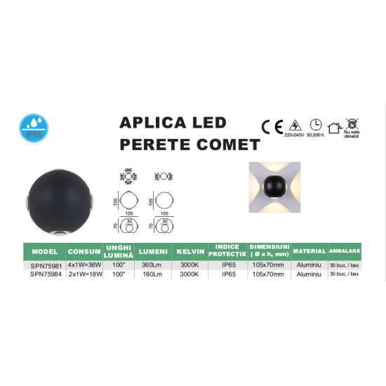 Aplica de perete Comet, 4x1W, 3000K, IP65