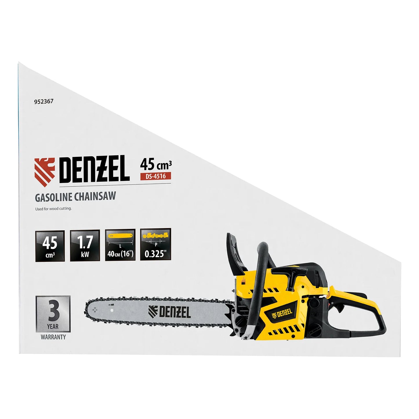 Fierastrau cu lant pe benzina Denzel DS-4516, 45 cm3, 1.7 kW, lama 16", pas 0.325", 64 zale