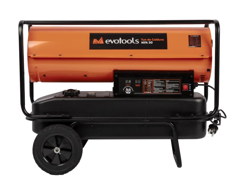 Tun de caldura pe motorina Evotools MFA 50 kW 682830 , 53 L, cu termostat si display digital, incalzire eficienta pentru santiere, ateliere si depozite