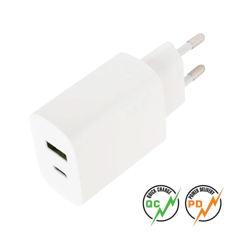 Incarcator de retea USB SA 20QCPD, 20W, QC + PD, 2 porturi USB-A + USB-C, incarcare rapida, compatibil universal