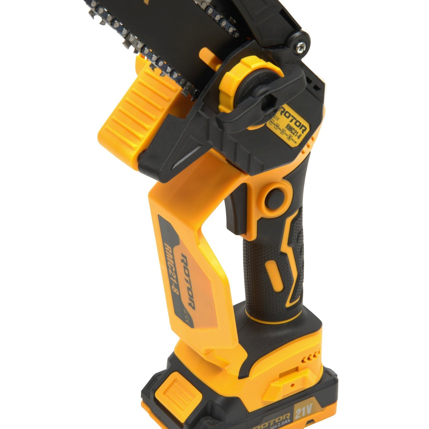 Fierastrau cu lant pe acumulator ROTOR RMC21-8, 21V / 2Ah, Brushless, lama 20 cm, ungere automata, set complet cu 2 acumulatori