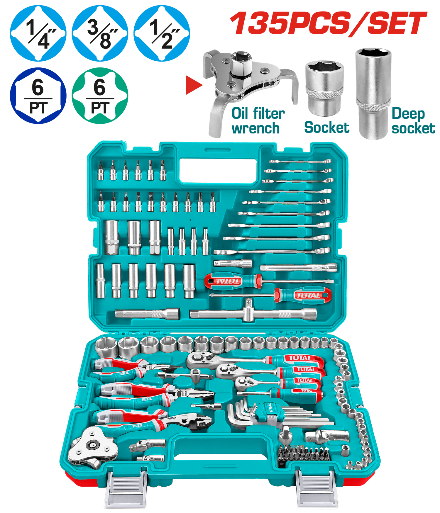 Trusa scule PROFESIONAL TOTAL 135 piese, 1/4 3/8 1/2