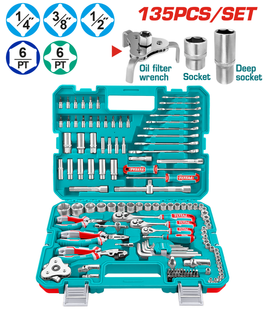 Trusa scule PROFESIONAL TOTAL 135 piese, 1/4 3/8 1/2