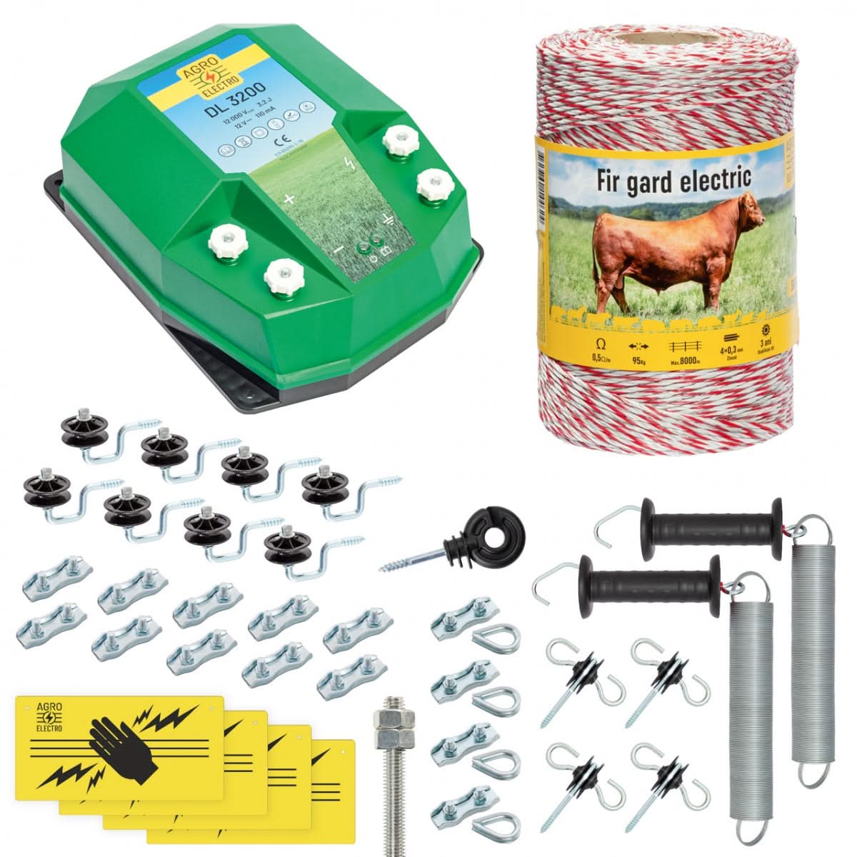 Pachet gard electric complet 500m 3.2 Joule pentru animale domestice fir izolatori maner poarta conectori