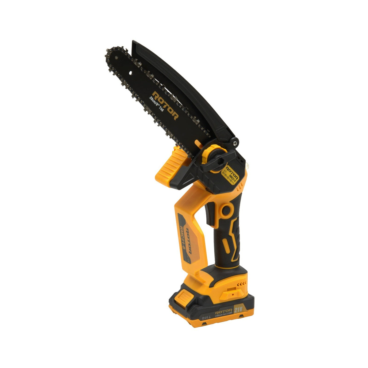 Fierastrau cu lant pe acumulator ROTOR RMC21-8, 21V / 2Ah, Brushless, lama 20 cm, ungere automata, set complet cu 2 acumulatori