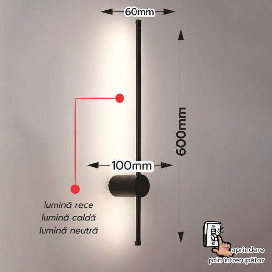 Aplica LED liniara neagra 11W, 550 lm, 600x100x60 mm, 4000K