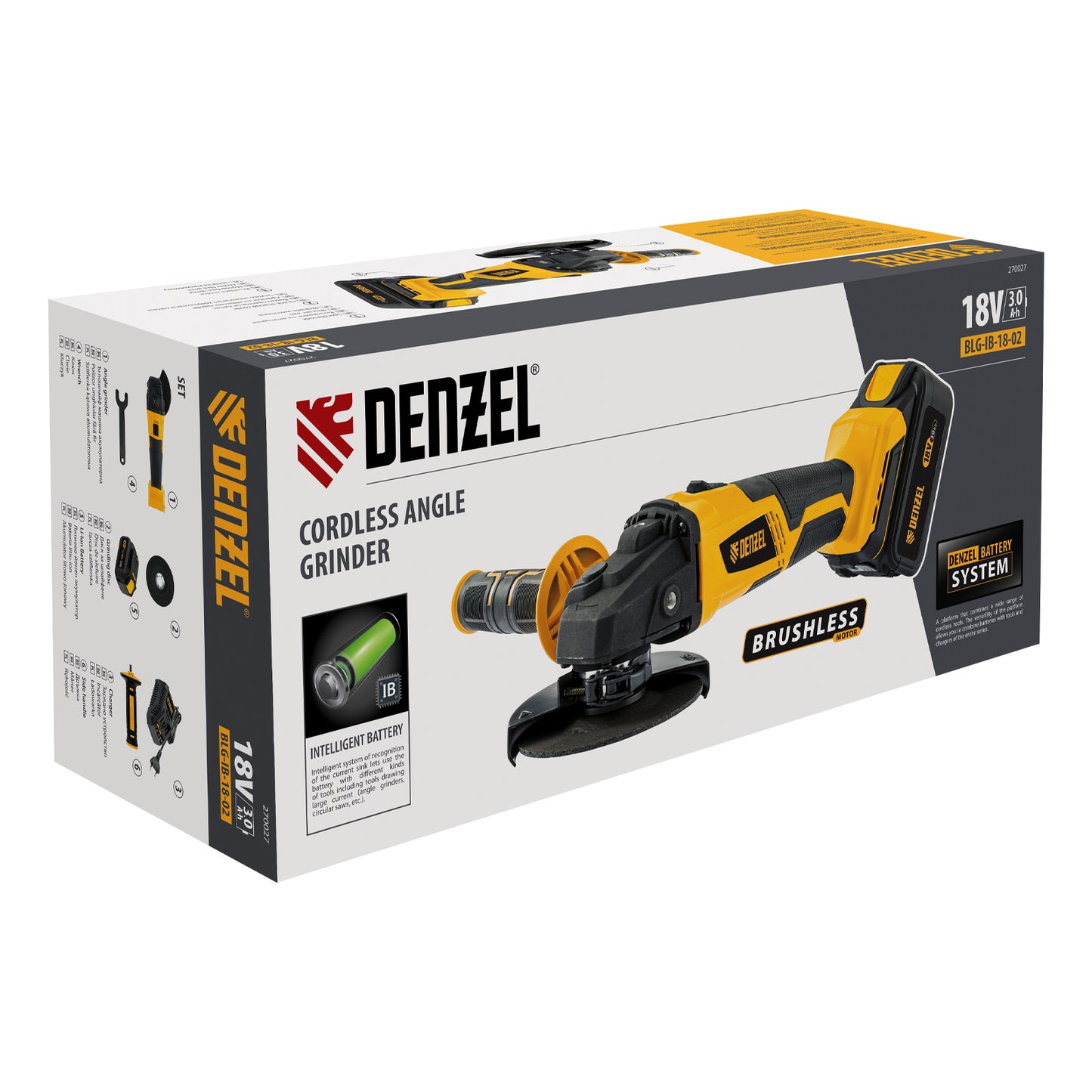 Polizor unghiular cu acumulator Denzel BLG-IB-18-02, Li-Ion 18 V, 3 Ah, disc 115 mm, motor fara perii