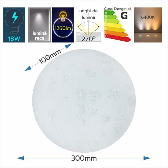 Plafoniera LED Flower, 18W, 300x100mm, 6500K