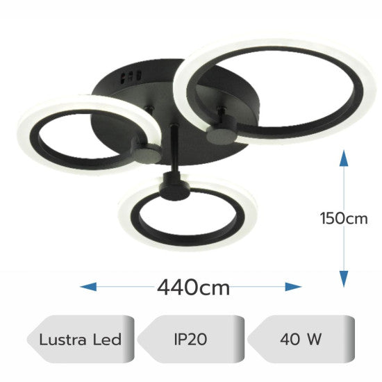 Lustra LED Cercuri 40W, 3 Brate, 3600 lm, 440x150mm, IR