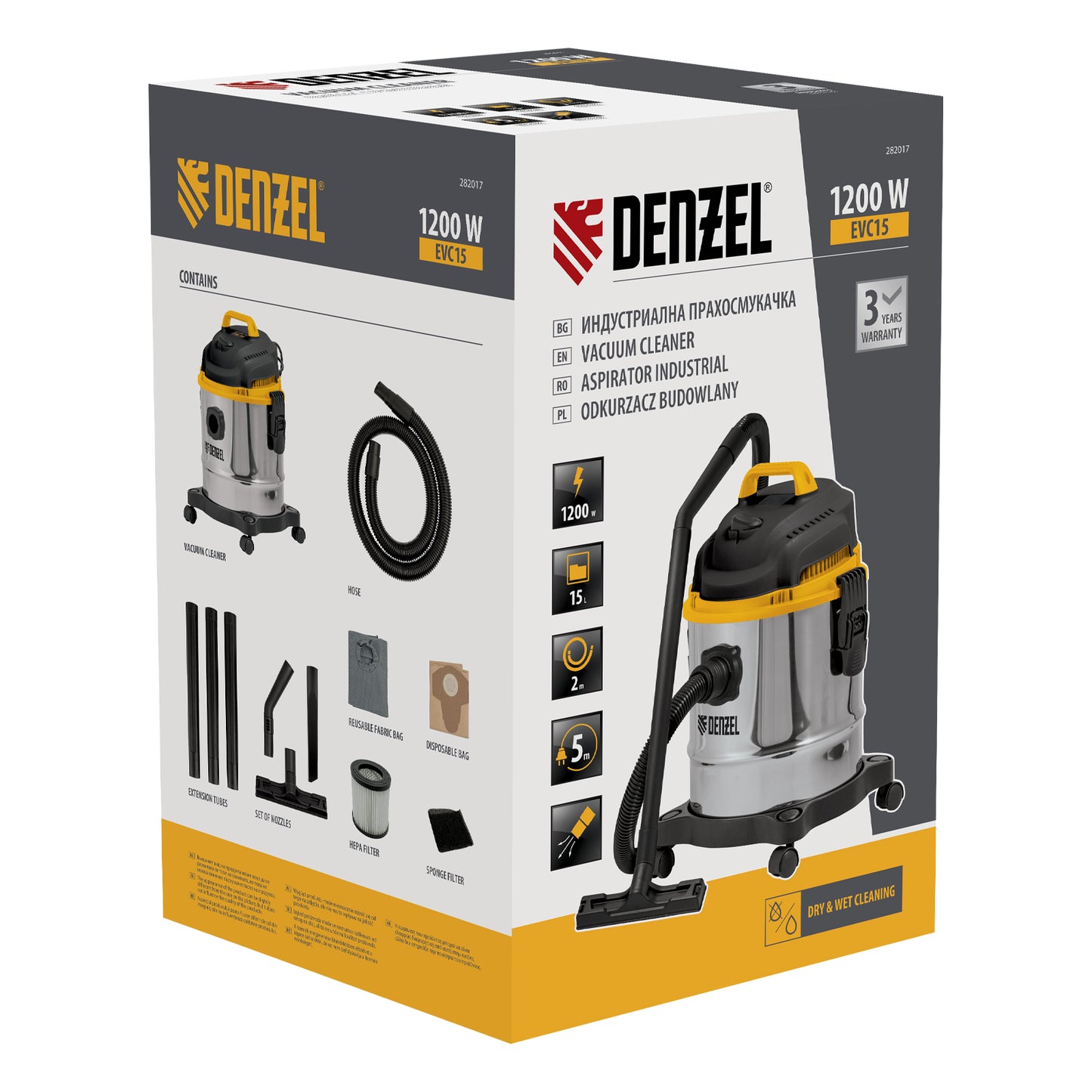 Aspirator Denzel EVC15, 1200 W, rezervor 15 L, furtun 2 m, puternic si compact