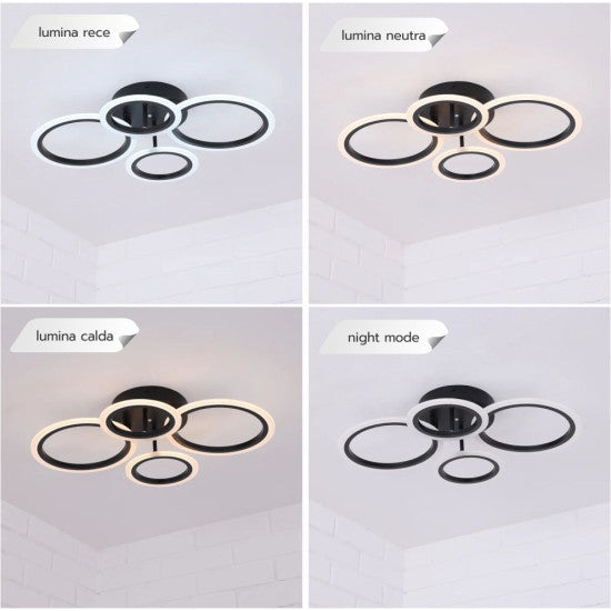 Lustra LED Cercuri Neagra 56W, 4 Brate, 4800 lm, 580x90mm, IR