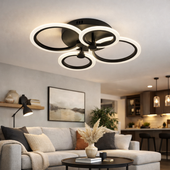 Lustra LED Cercuri Neagra 56W, 4 Brate, 4800 lm, 580x90mm, IR