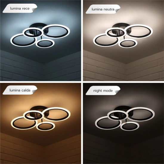Lustra LED Cercuri Neagra 56W, 4 Brate, 4800 lm, 580x90mm, IR