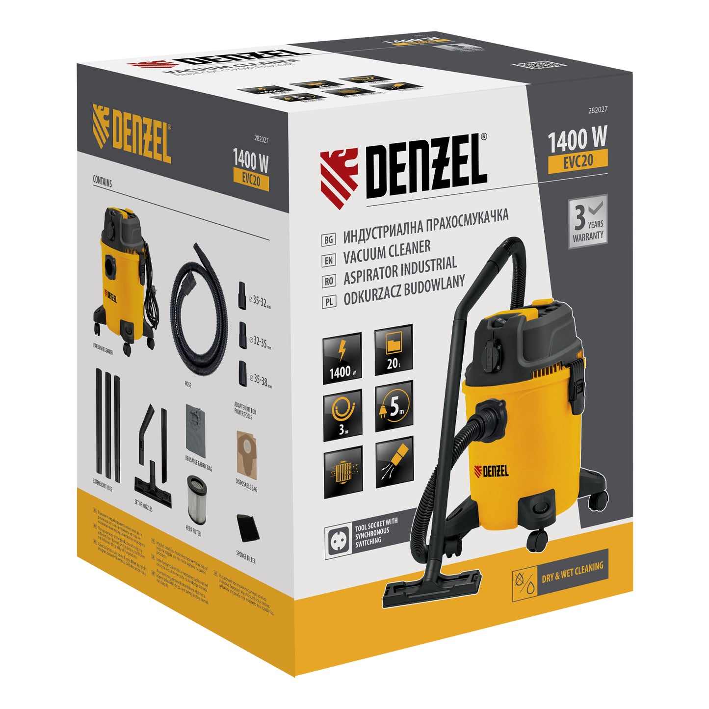 Aspirator Denzel EVC20, 1400 W, rezervor 20 L, furtun 3 m, priza cu sincronizare automata