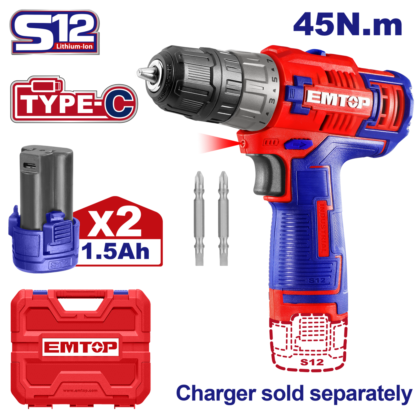 Descriere produs: Mașină de găurit și înșurubat cu 2 baterii 1.5Ah, încărcare prin cablu tip C, 45Nm, cutie de transport - ECDL12620E, EMTOP