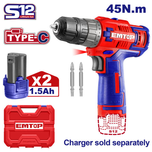 Descriere produs: Mașină de găurit și înșurubat cu 2 baterii 1.5Ah, încărcare prin cablu tip C, 45Nm, cutie de transport - ECDL12620E, EMTOP