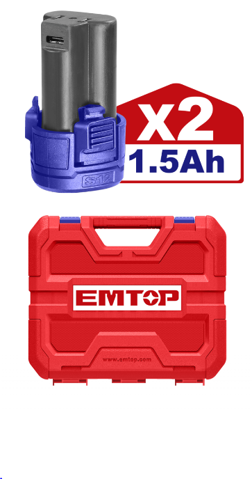 Descriere produs: Mașină de găurit și înșurubat cu 2 baterii 1.5Ah, încărcare prin cablu tip C, 45Nm, cutie de transport - ECDL12620E, EMTOP