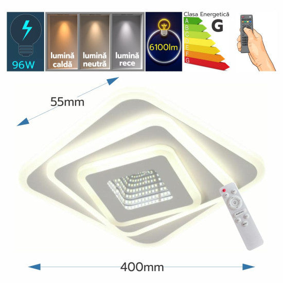 Plafoniera LED Naiad 96W, 6100lm, 400x400x55mm