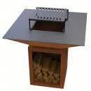 Gratar cu plita 10 mm si vatra pe lemne, otel Corten, 975x975 mm, inaltime 1050 mm, cu spatiu pentru lemne, 140 kg