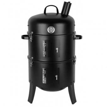 Gratar multifunctional cu afumatoare pe 3 nivele, 44 cm, capac cu ventilatie, otel cromat si emailat, negru, 79 cm, 6.8 kg