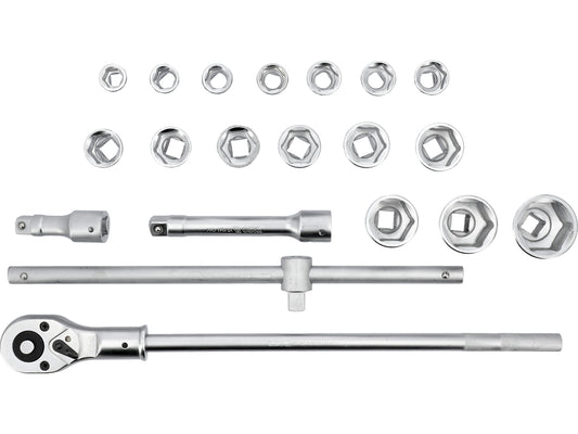Set chei tubulare hexagonale 3/4 inch Yato, 21 piese, din otel crom vanadiu CrV 50BV3, cu clichet si antrenor culisant, pentru utilizare profesionala