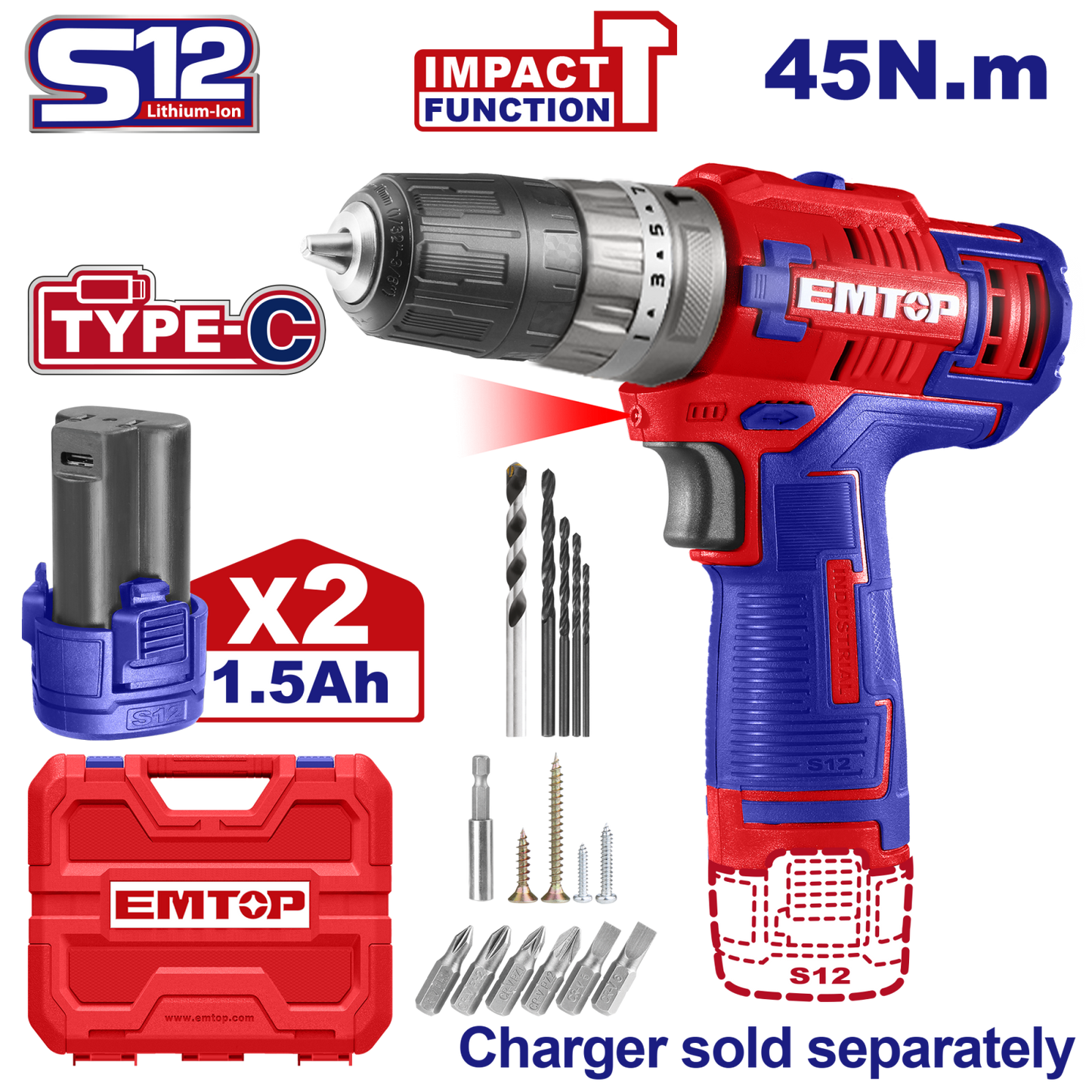 Mașină de găurit și înșurubat cu impact, cu 2 baterii 1.5Ah, încărcare prin cablu tip C, 45Nm, 50 accesorii, cutie de transport - ECiDL12620, EMTOP